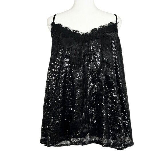 Andree By Unit Black Sexy‎ Sequins Spaghetti Strap Lace Trim Cami Tank Top (1X) - Picture 1 of 14
